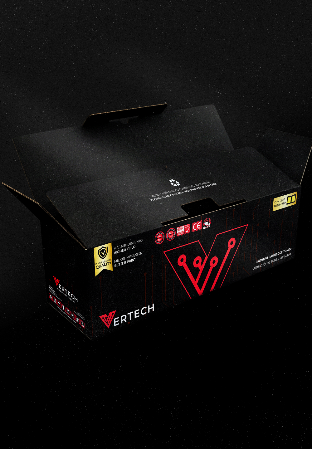 Render destacado del packaging Vertech